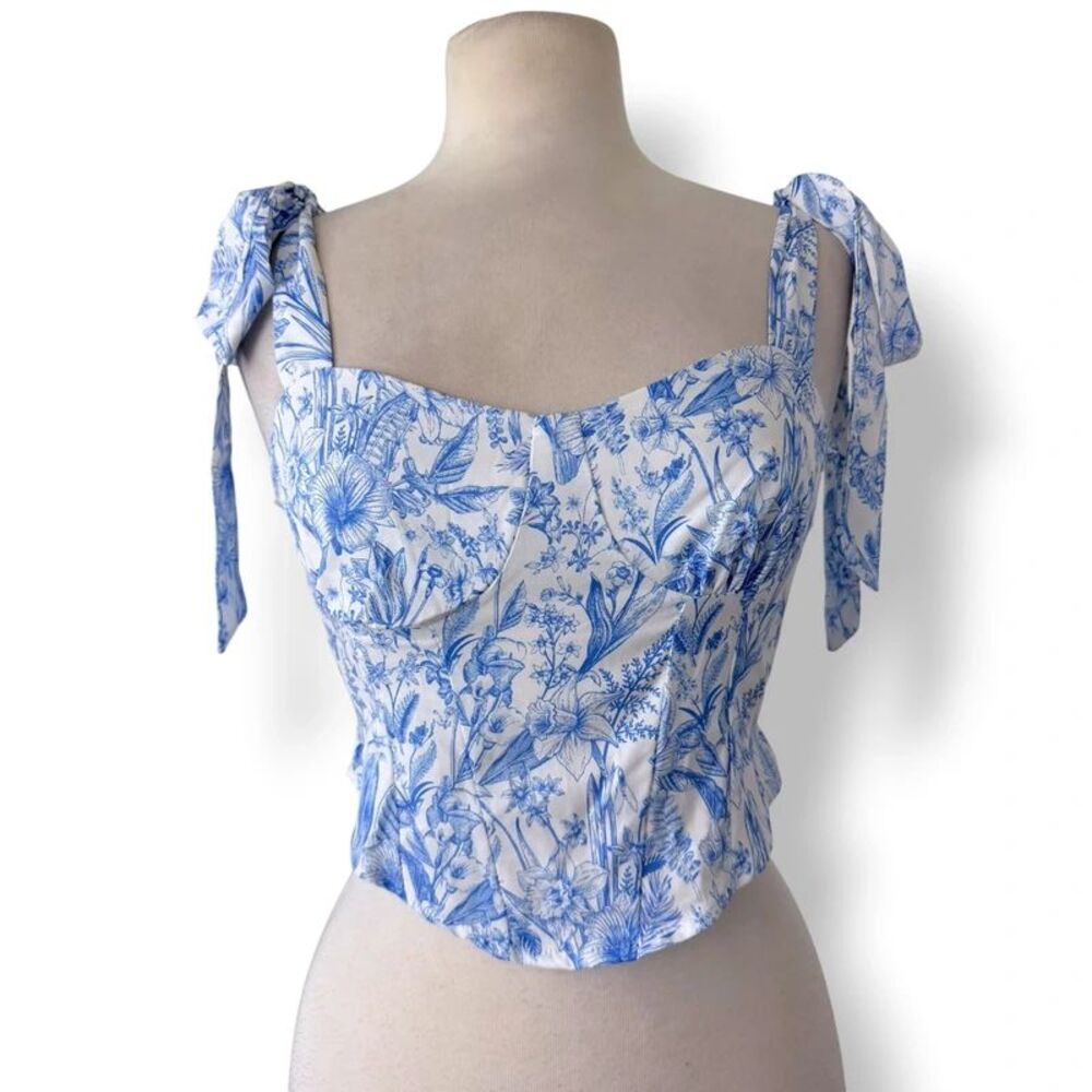 Blue Toile de Jouy Floral Bustier Corset Top Tie Strap Cottagecore Milkmaid S
